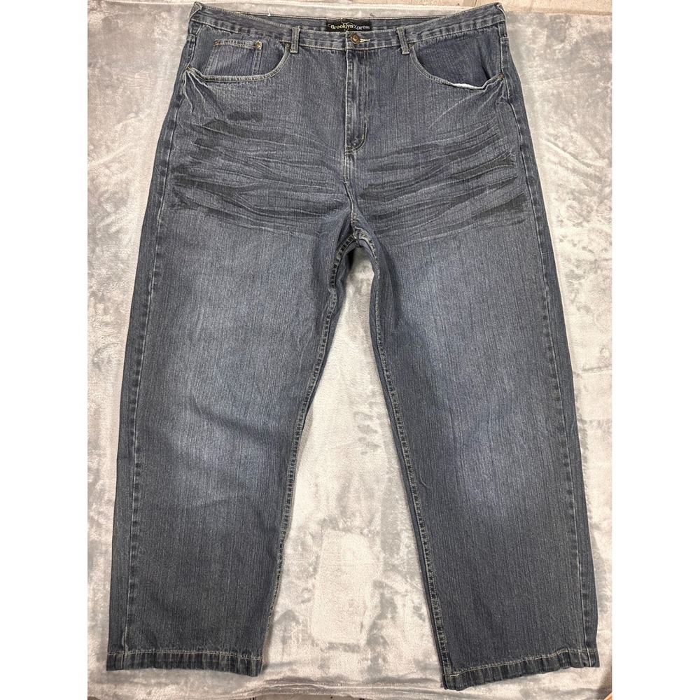 Brooklyn Xpress Mens Jeans 46x34 Dark Wash Straight Leg Denim Whiskered Blue